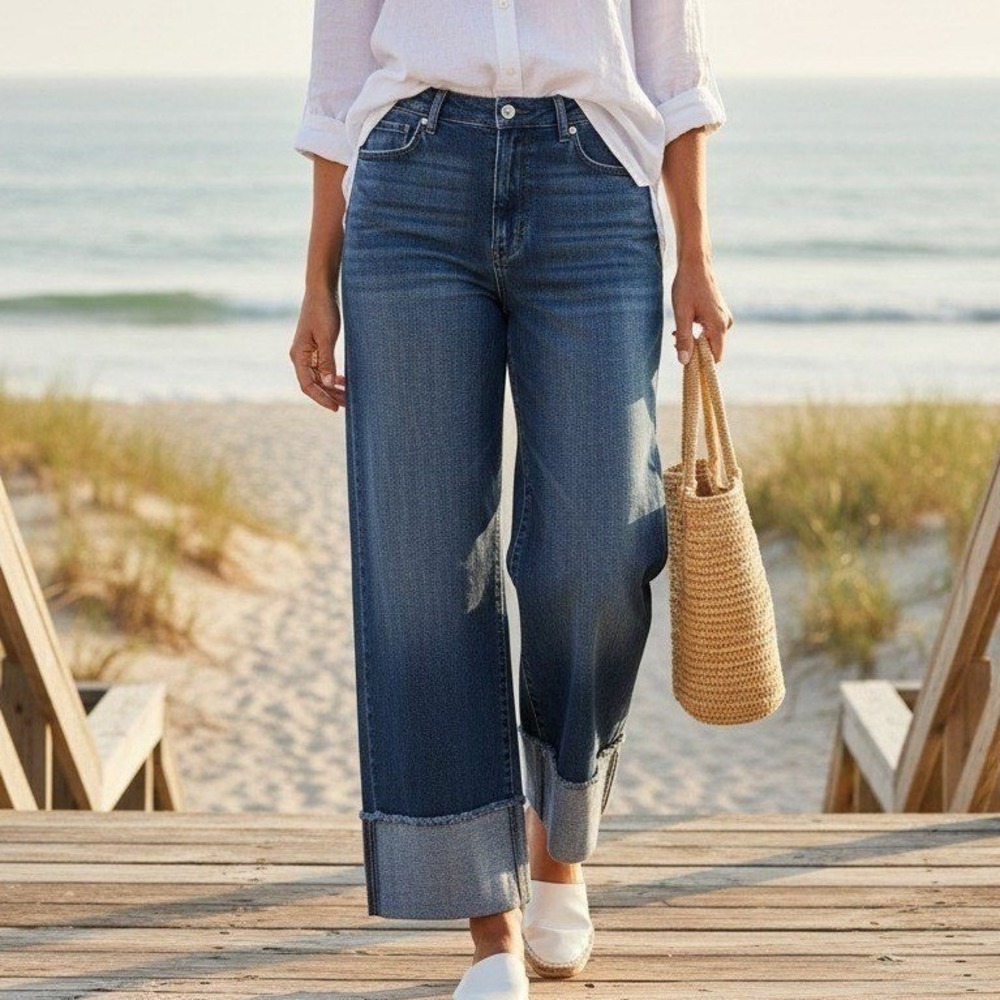 J. Jill High Rise Straight Leg Jeans 10P Blue Stretch Raw Hem Cuffed Coastal